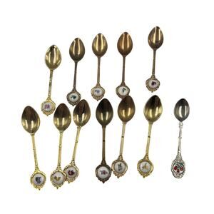 Vintage Lot 12 Gold & Silver Tone Decorative Spoon Round Porcelain Floral Ends